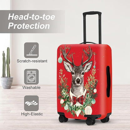 Reindeer Christmas Luggage Cover - Red Background with Wreath and Ornaments, Elegant Holiday Suitcase Protector for 28 30 Inch Travel
