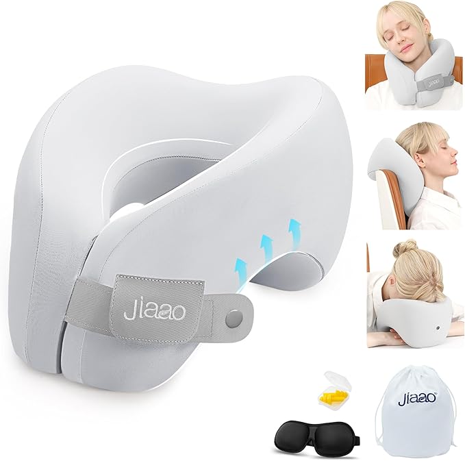 jiaao Neck Pillow Airplane, Memory Foam Travel Neck Pillows for Long Flight, 3D Eye Masks, Ear Plugs and Portable Drawstring Bag, Napping Pillow for Home, Road Trips, Sleep Rest and Travel Use
