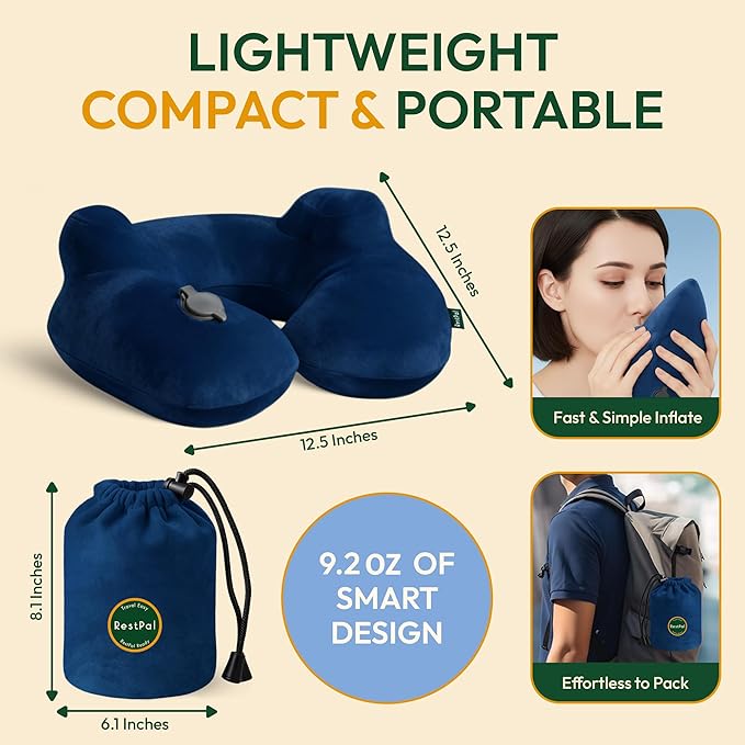 Adjustable Memory Foam Sides Inflatable Travel Neck Pillow | Super Soft, Compact & Portable Neck Support Pillow (Navy Blue, Standard)
