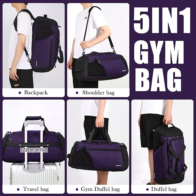 Gym Bags for Men Women 40L Large Gym Backpack Multiple Pockets Sport Duffle Bags with Shoe & Wet Compartment for Workout Travel Weekend Overnight Purple