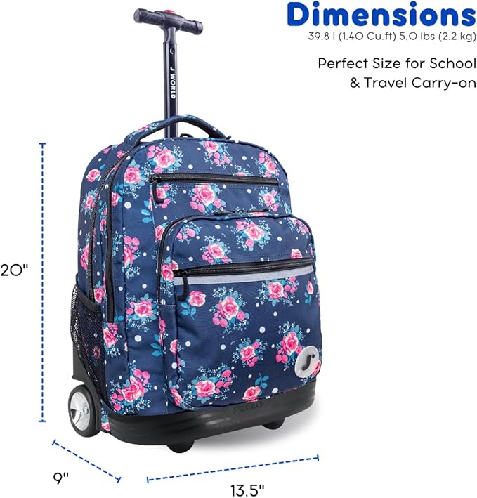 J World Sundance Laptop Rolling Backpack for Girls Boys. Roller Bookbag with Wheels, Navy Rose