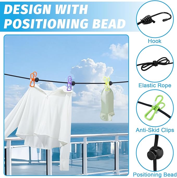 Travel Clothesline for Cruise Retractable Clothesline with 12 Clothesline Clips 2 Strong Magnets Hooks 4 Luggage Tags Camping Portable Clothesline for Hotel Room RV Indoor Cruise Ship Essentials 2025