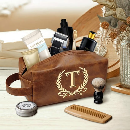 Engraved Travel Toiletry Bag Leather Waterproof Kit, Shaving Bag for Toiletries Accessories, Travel Wash Bag for Him - DarkBrown(T)