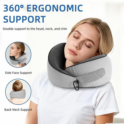 Travel Pillow, Memory Foam Neck Pillow Airplane for Long Flights, Portable Plane Cars Sleeping Travel Accessories with Eye Masks Earplugs (Light Gray)