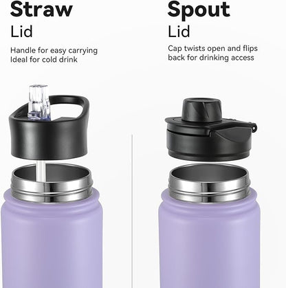 16 oz Insulated Water Bottle with Straw Lids, Stainless Steel Kids Water Bottles for School, Double Wall Vacuum Metal Water Bottle with Straw & Wide Mouth Lid, Lavender 1 Pack