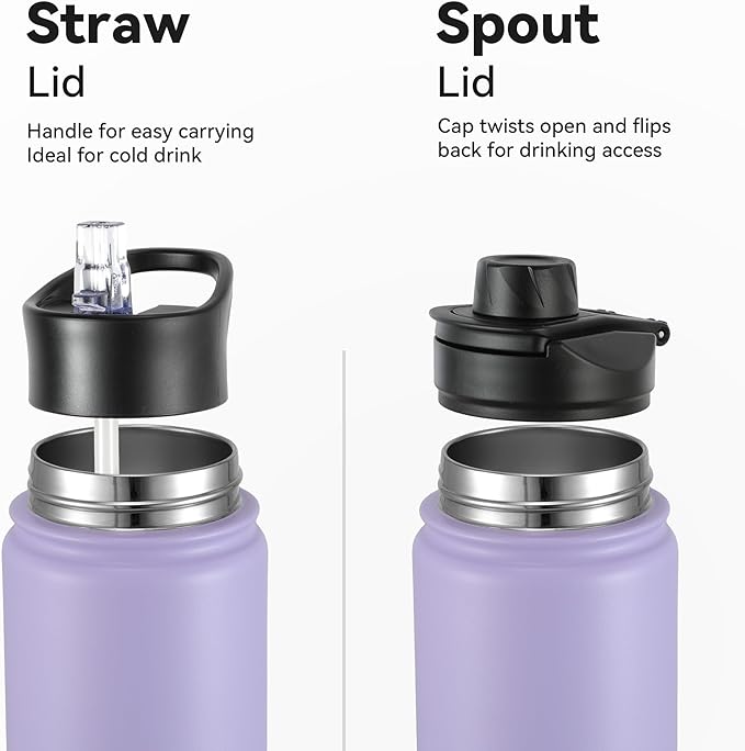 16 oz Insulated Water Bottle with Straw Lids, Stainless Steel Kids Water Bottles for School, Double Wall Vacuum Metal Water Bottle with Straw & Wide Mouth Lid, Lavender 4 Pack