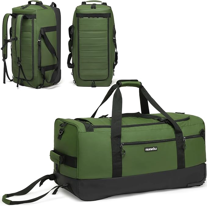 Fanwoli 30'' Rolling Duffel Bag with Wheels - No-Sag Design for Heavy Loads, 100L Waterproof Foldable Luggage w/Hidden Backpack Straps & Waist Support Compartment, Lightweight Travel & Gym