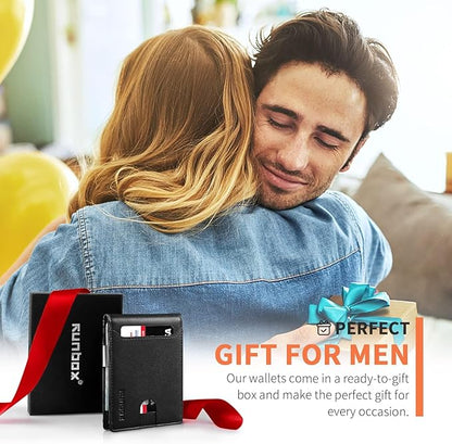 RUNBOX Slim Wallets for Men - Leather Money Clip Mens Wallet - RFID Blocking Front Pocket Bifold Wallet - Minimalist Credit Card Holder with Gift Box