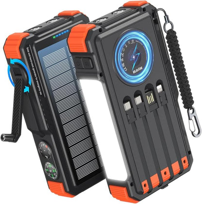 BLAVOR Solar Power Bank with Hand Crank and 4 Cables, 20000mAh Wireless Portable Charger with USB C & Camping Light, 20W Fast Charging Battery Pack for iPhone, iPad, Samsung, All Mobile Phones