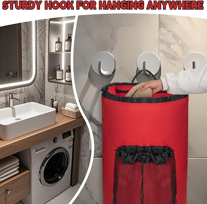 Laundry Bag Backpack with Shoulder Straps and Mesh Pocket Foldable Clothes Hamper Bag with Drawstring Closure for College, Apartment, Laundromat (Red)