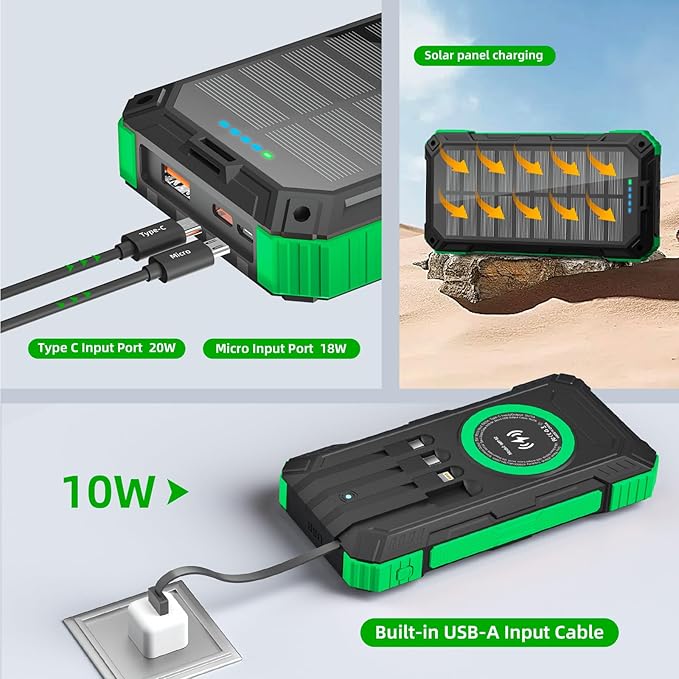 Solar Charger Power Bank 49800mAh Wireless Portable Phone Charger, 22.5W QC3.0 Fast Charging Built in 4 Cables with USB C 6 Outputs & 2 Inputs for All Cell Phone