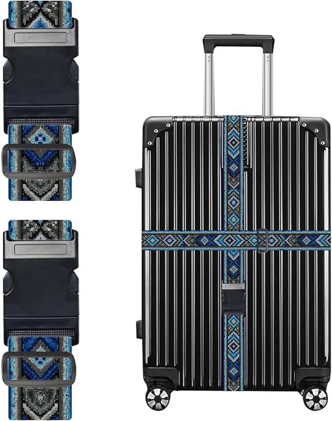 Nuxovilar Luggage Straps of 2 Set Blue and Gray Ethnic Geometric Pattern, Durable Material 1.96 * 70.86 Inches for Suitcases, Travel Decor for 22-28 Inch Luggage, Great for Cultural Trips