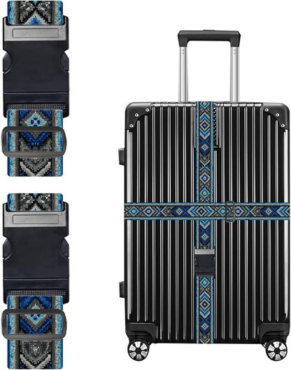Nuxovilar Luggage Straps of 2 Set Blue and Gray Ethnic Geometric Pattern, Durable Material 1.96 * 70.86 Inches for Suitcases, Travel Decor for 22-28 Inch Luggage, Great for Cultural Trips