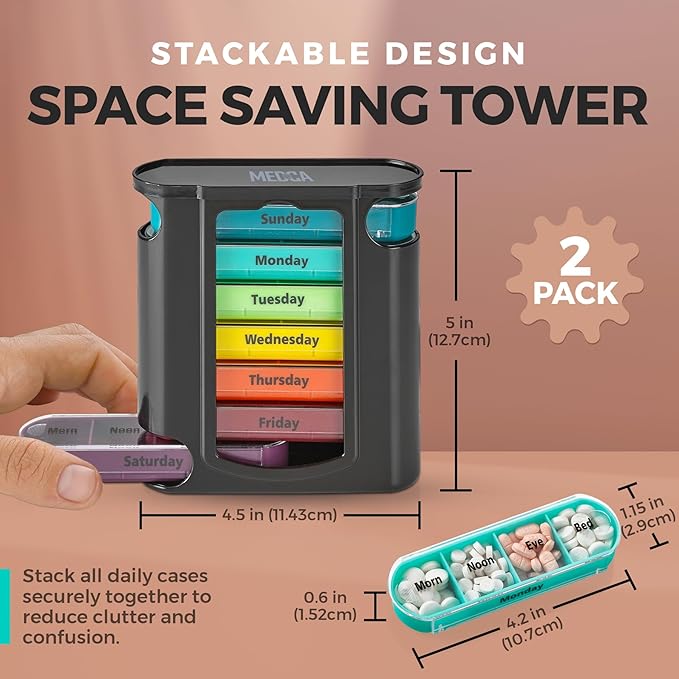 Stackable Daily Pill Organizer - 2 Pack, 4 Times a Day Weekly Medication Reminder - Premium Weekly AM/PM Pill Box with 7 Individual Stacking Cases, a Everyday Medicine Organizer for Vitamins