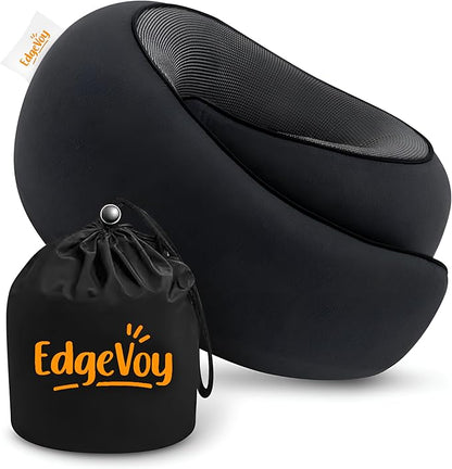 EdgeVoy™ Travel Neck Pillow, Memory Foam Travel Pillow for Airplanes, 360º Ergonomic Design, Asymmetrical Sides, Washable Modal Cover, Ideal for Travel, Car Rides, & Home Use (Black)