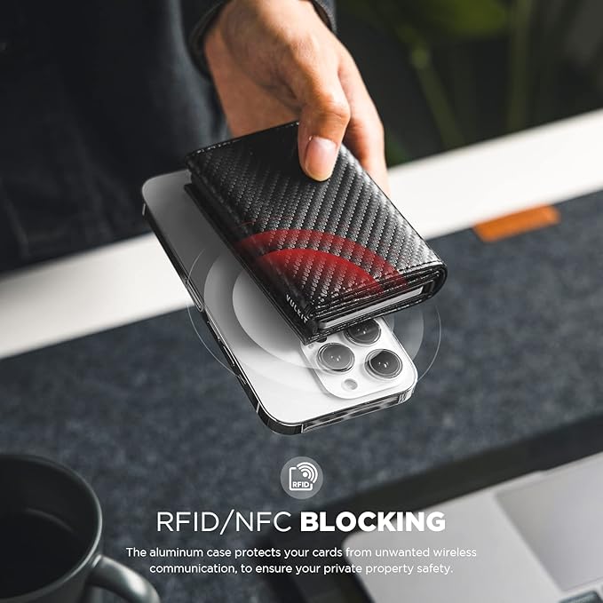 VULKIT Pop up Card Wallet Minimalist Cash Wallets RFID Blocking Leather Smart Credit Card Holder with ID window for Men (Carbon Black)