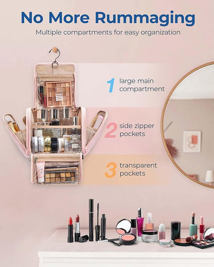 BAGSMART Makeup Bag for Women with Hanging Hook, Large Portable Capacity Water-resistant Organizer Travel Case for Toiletries and Cosmetics, Pink