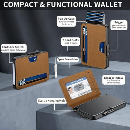 Wallet for Men, Mens Wallet Minimalist Slim Wallet, RFID Blocking Smart Pop Up Wallet with Money Clip & ID Window, Metal Compact Wallet, Aluminum Credit Card Holder Wallet