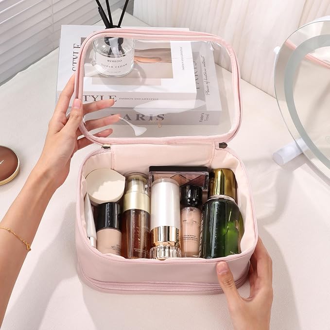 Pocmimut Clear Makeup Bags,Small Makeup Pouch with Large Cosmetic Bag Toiletry Bag Car Accessories Storage for Women Men,Travel Essentials Organizers,Pink