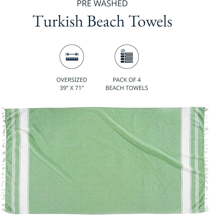 LANE LINEN Large Turkish Towel Set of 4 – Pre-Washed Pool Towels, Extra Large, Quick Dry & Sand Free, Fast Drying Lightweight Travel Towels, 39"x71" – Jade Green