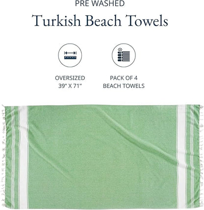LANE LINEN Large Turkish Towel Set of 4 – Pre-Washed Pool Towels, Extra Large, Quick Dry & Sand Free, Fast Drying Lightweight Travel Towels, 39"x71" – Jade Green