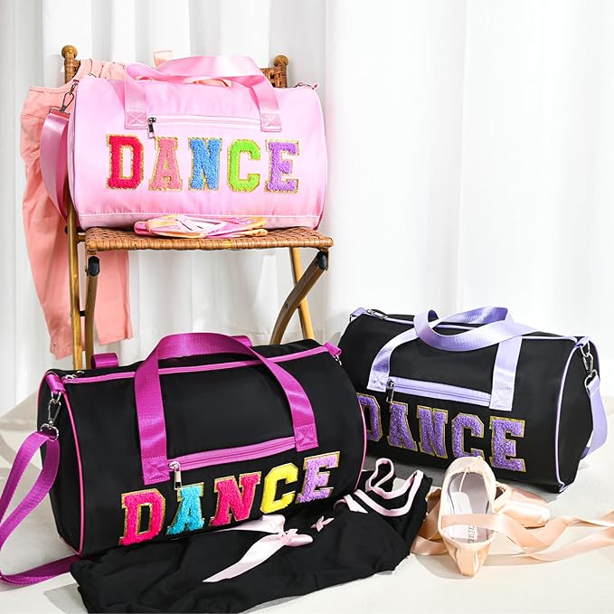 Dance Bag for Girls, KUIRAN 23L Waterproof Travel Duffel Bag with Colorful Chenille Letter, Lightweight Small Gym Sport Ballet Bag Weekender Bag with Large Main Compartment 15"Lx9"Wx9"H - Black