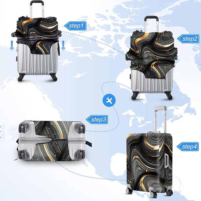 FOREVER QUEEN Luxury Gold Black Marble Luggage Cover Suitcase Protector Suitcase Cover Anti-Scratch,Stretchable Bag Cover Washable Durable Polyester