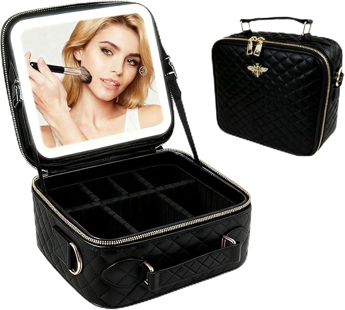 Travel Makeup Bag with Light Up Mirror, Portable Makeup Bag with Led Light Women Waterproof Makeup Travel Case adjustable dividers Rechargeable Vanity Mirror with 3 Color Lights
