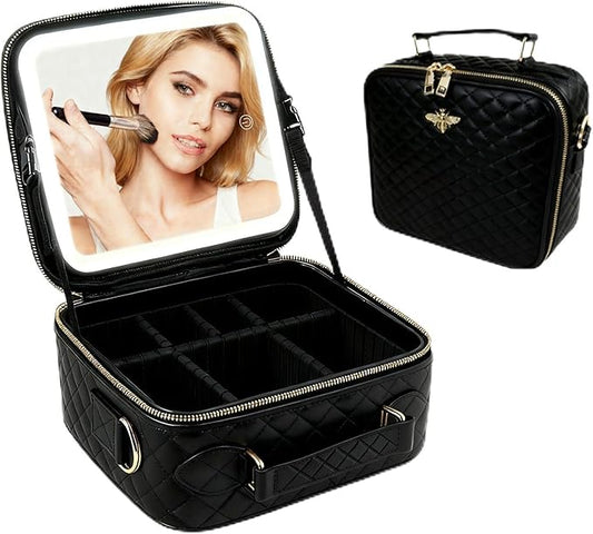 Travel Makeup Bag with Light Up Mirror, Portable Makeup Bag with Led Light Women Waterproof Makeup Travel Case adjustable dividers Rechargeable Vanity Mirror with 3 Color Lights