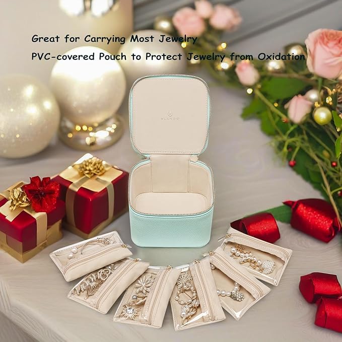 Vlando Travel Jewelry Box Organizer - 6 Small Velvet Zipped Pouches Pockets for Jewelries Necklaces Rings Earrings Sorting Storage, Aqua Blue