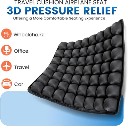Travel Seat Cushion, Inflatable Airplane Seat Cushion for Travel, 56 Bubbles Portable Car Seat Cushions for Long Flights Office Chair, Wheelchair, Camping, Home Living (Black)