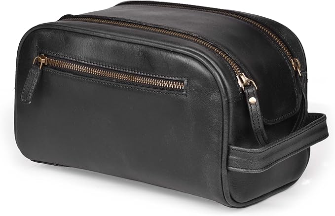 LEATHER VILLAGE Premium Leather Toiletry Travel Pouch With Waterproof Lining - Black | King-Size Handcrafted Vintage Dopp Kit Bag, Shaving & Bathroom Organizer, Gift for Men & Women