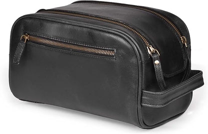 LEATHER VILLAGE Premium Leather Toiletry Travel Pouch With Waterproof Lining - Black | King-Size Handcrafted Vintage Dopp Kit Bag, Shaving & Bathroom Organizer, Gift for Men & Women