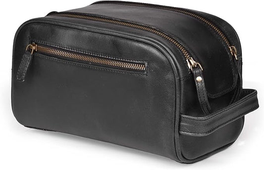 LEATHER VILLAGE Premium Leather Toiletry Travel Pouch With Waterproof Lining - Black | King-Size Handcrafted Vintage Dopp Kit Bag, Shaving & Bathroom Organizer, Gift for Men & Women
