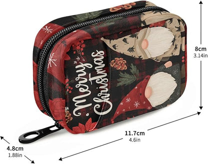 Checkered Christmas Floral Gnomes Travel Pill Organizer Case Box Container Weekly Portable Vitamin Medicine Holder Storage Bag with Zipper Removable