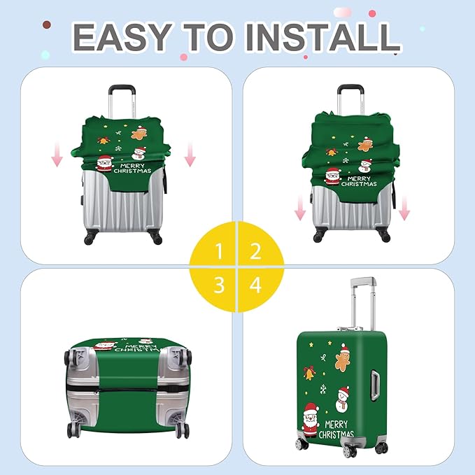 ANNA QUEEN Merry Christmas Luggage Cover, Holiday-Themed Protector with Santa, Gingerbread & Snowman, Stretchable & Washable Travel Sleeve for 20-34 Inch Luggage