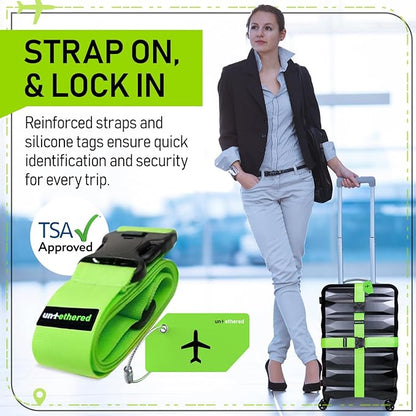 Untethered Ultimate Travel Set: 4 Premium Luggage Straps and 4 Silicone Tags - Secure & Identify Your Bags with Ease (Green + Tags)