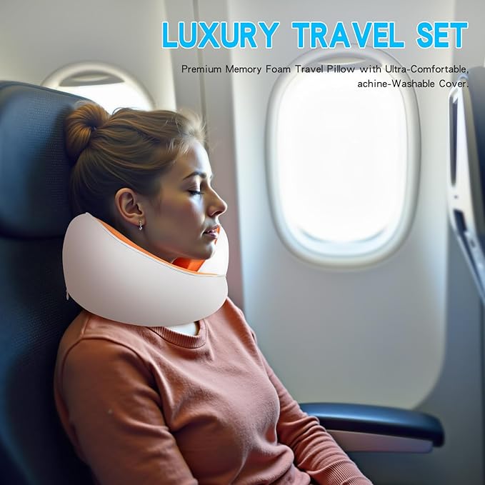 Adjustable Memory Foam White U-Shaped Travel Pillow with Luxurious Knitted Cotton Cover, Slow-Rebound Design for Airplane Travel and Neck Comfort, Perfect Traveler Gift