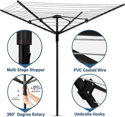 A-xctoe Rotary Outdoor Umbrella Drying Rack Adjustable Height Clothesline w/Waterproof Protective Cover Folding Rotary Dryer with 4-Aluminum Arms and Steel Post | 12-Lines with 165 ft Clothesline