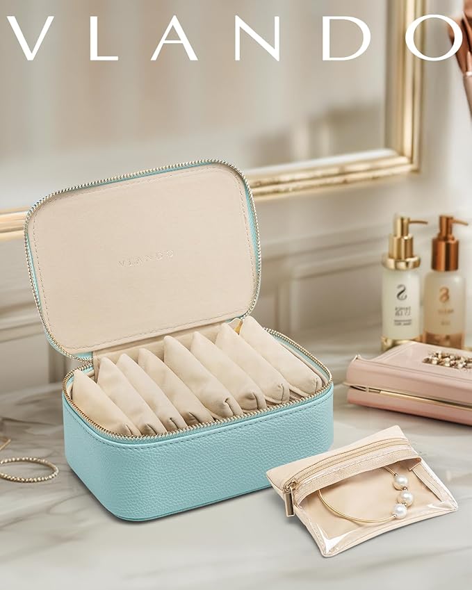 Vlando Jewelry Travel Organizer with 8 Velvet Jewelry Bags Travel Jewelry Storage Box Jewelry Case for Necklace Rings Earrings Trendy Christmas Birthday Graduate Gifts for Women-Lake Blue