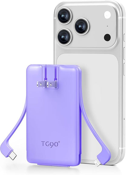 TG90° Ultra Slim 5000mAh Power Bank Built-in AC Wall Plug and Cables, Pocket Size USB C Portable Charger, External Battery Pack Compatible with iPhone 17 16 15 14 13 12 Samsung S22 S21 Google iPad