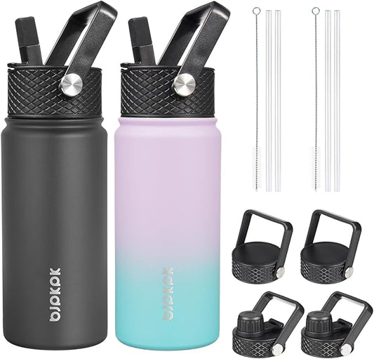 BJPKPK 2 Pack Insulated Water Bottles with Straw Lids, 18oz Stainless Steel Metal Water Bottle with 6 Lids, Leak Proof BPA Free Jugs, Cups, Flasks for Travel, Sports (Lavender Green+Black)