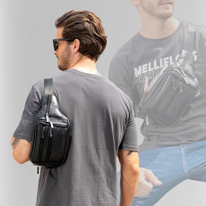 Black Fanny Pack for Men Genuine Leather Waist Bag Multiple Pockets Metal Zippers Belt Bag for Travel Hiking Cycling Fishing