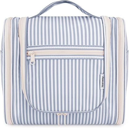 Narwey Striped Hanging Travel Toiletry Bag for Women, Travel Bag for Toiletries, Makeup Bag Organizer Cosmetic Bags Make Up Bags for Women (Greyish Blue Stripe)