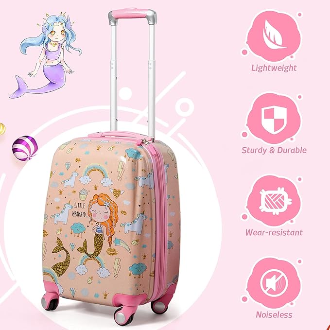 KOTEK Kids Carry On Luggage Set, 18" Hardside Rolling Suitcase with Spinner Wheels, Travel Rolling Luggage for Boys Girls (Mermaid)…