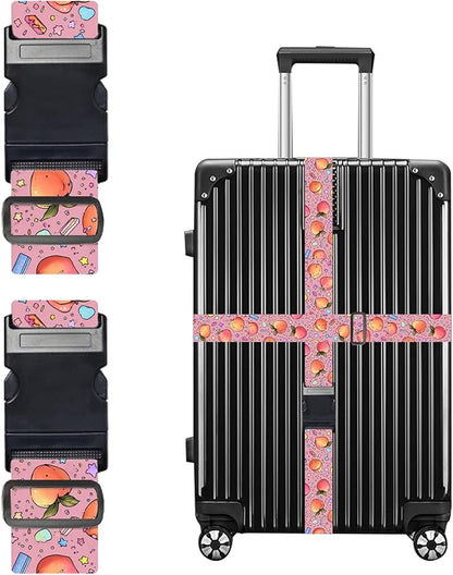 Nuxovilar Luggage Straps of 2 Set Peaches and Stars Candy on Pink Pattern, Durable Material 1.96 * 70.86 Inches for Suitcases, Travel Essentials for 22-28 Inch Luggage, Ideal for Summer Vacations
