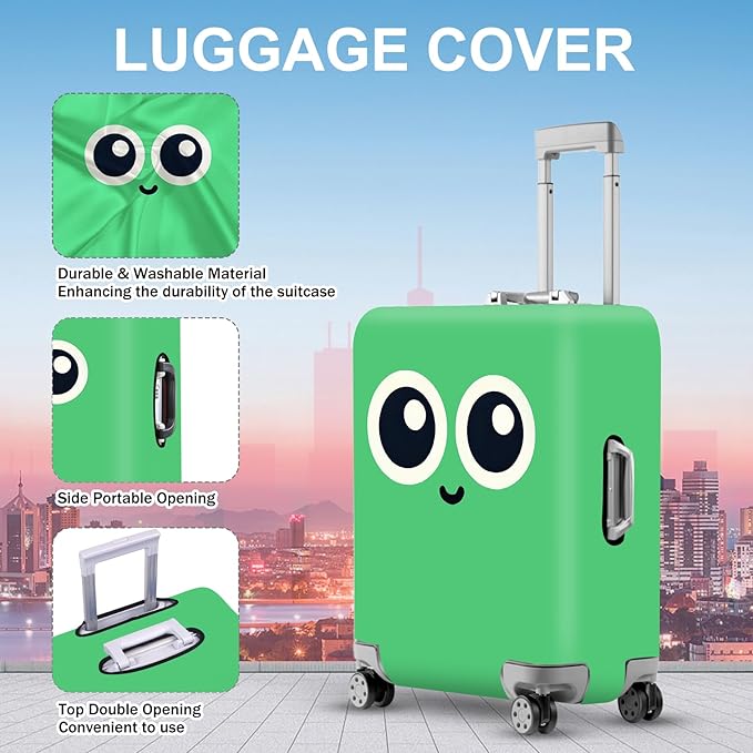 ANNA QUEEN Cute Smiley Face Luggage Cover, Green Cartoon Suitcase Protector with Big Eyes Design, Stretchable, Washable Travel Cover for 28-30 Inch Luggage