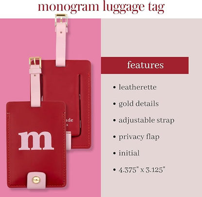 Kate Spade New York Leatherette Luggage Tag with Secure Strap, Colorful Suitcase Identifier for Travel, Monogram Bag Tag ID (M)