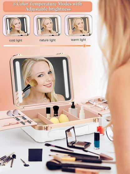 Kalolary Travel Makeup Train Cases with Lighted Mirror 3 Color Setting, Makeup Bag Cosmetic Case Organizer Adjustable Brightness Portable Makeup Storage Box For Makeup Brushes Accessories Tools,White