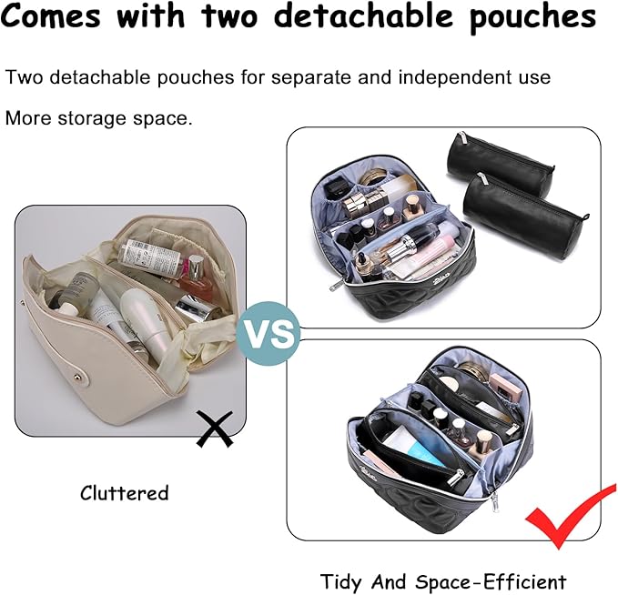 BOYATU Travel Makeup Bags for Women Cosmetic Bag: Puffy Make up Bags Set of 3 - Vegan Leather Makeup Organizer - Waterproof Large Toiletry Bag with Compartments - Travel Essentials (H-1-Black)